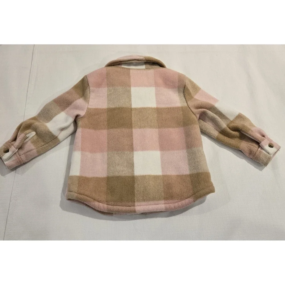 Old Navy Soft Sherpa-Lined Plaid Pink Tan White Jacket for Toddler Girls Size 3T